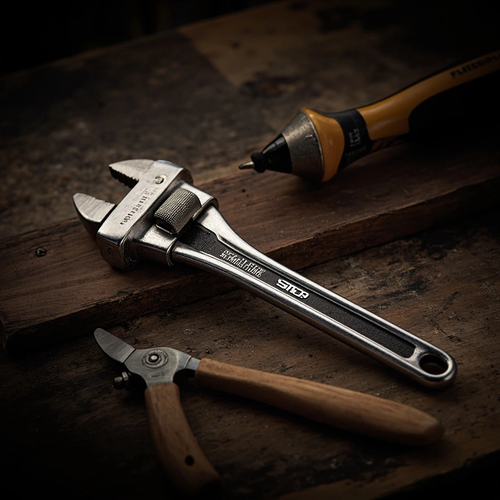 10-inch adjustable wrench with knurled thumbwheel.